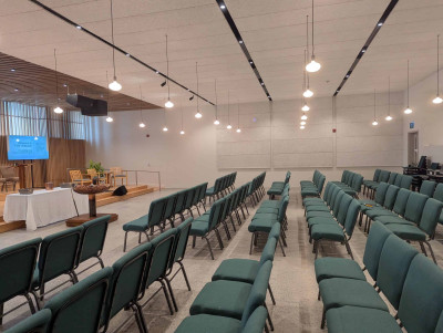 Looking South in the Sanctuary. Note the acoustic panels on the walls and ceiling. Looking South in the Sanctuary. Note the acoustic panels on the walls and ceiling.