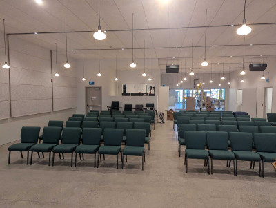 Looking West from the stage in the Sanctuary, toward the A/V Booth, the Community Hall and Oakwood Ave. Looking West from the stage in the Sanctuary, toward the A/V Booth, the Community Hall and Oakwood Ave.