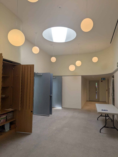 Skylight above the doors to the Sanctuary. The name tag cabinet and coat closets are on the left.