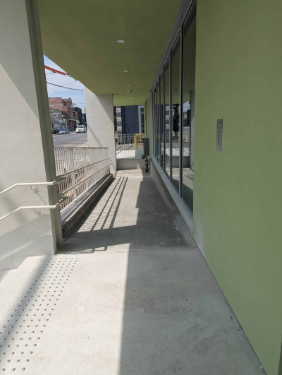 Looking down the ramp and the staircase from the main door