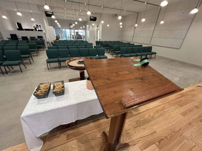 Looking West from the stage, toward the A/V Booth, the Community Hall and Oakwood Ave. Looking West from the stage, toward the A/V Booth, the Community Hall and Oakwood Ave.