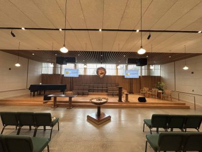 Near the front of the Sanctuary