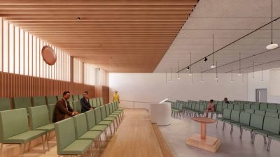 Sanctuary in daytime - facing South - light green chairs are for choir