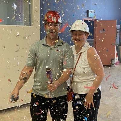 Celebrating the start of construction - Site Manager Frank O’Leary, from Flat Iron Construction Management, and Karen Dunk-Green, chair of the renovation task force
