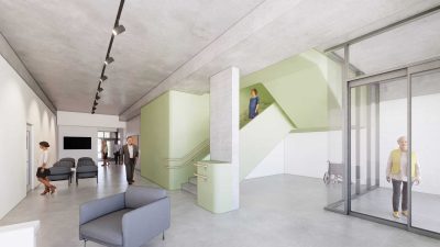 Main lobby - with vestibule from Oakwood, stroller storage area and main staircase